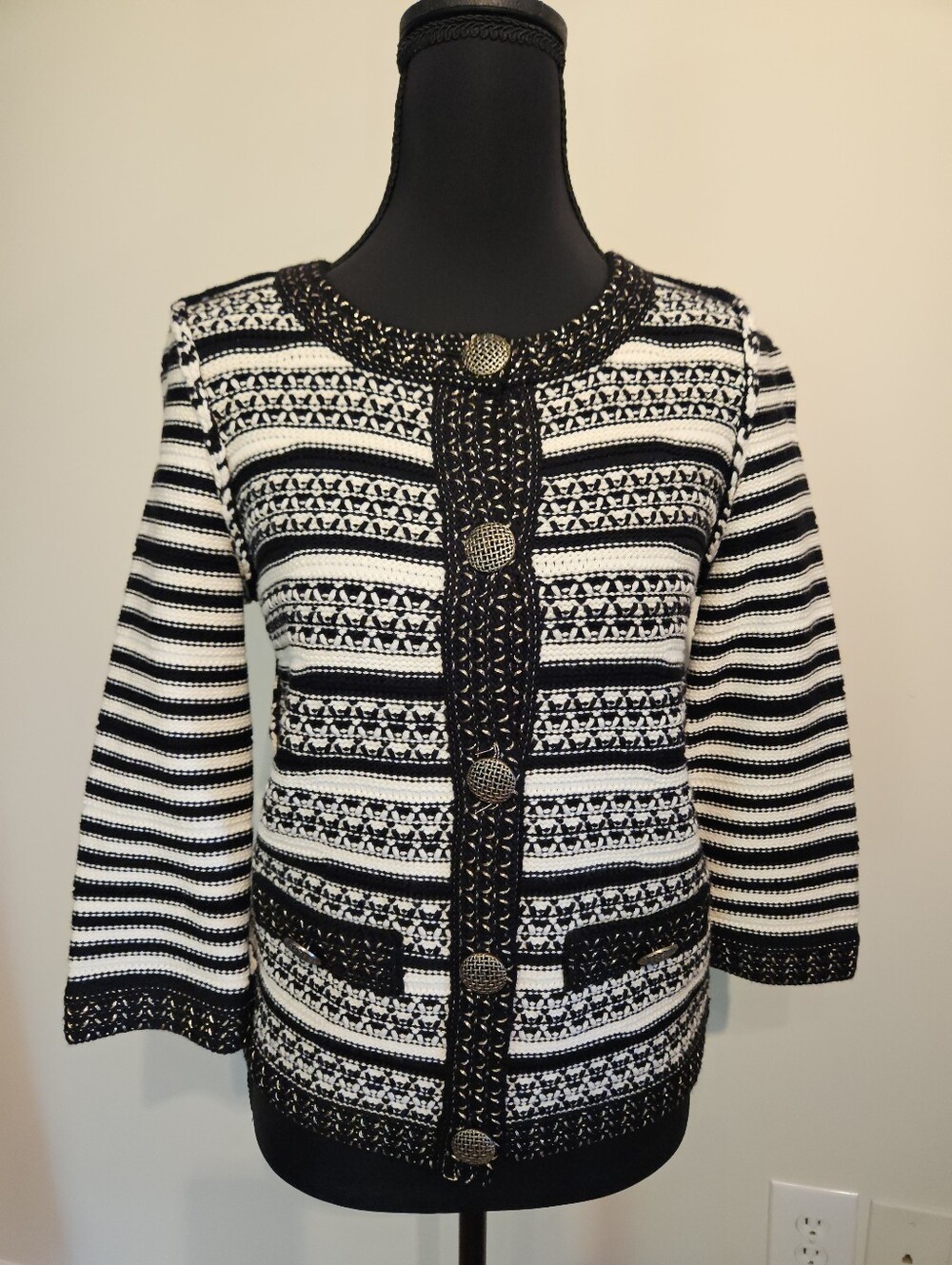 St. John Striped Crochet-Trim Cardigan S2